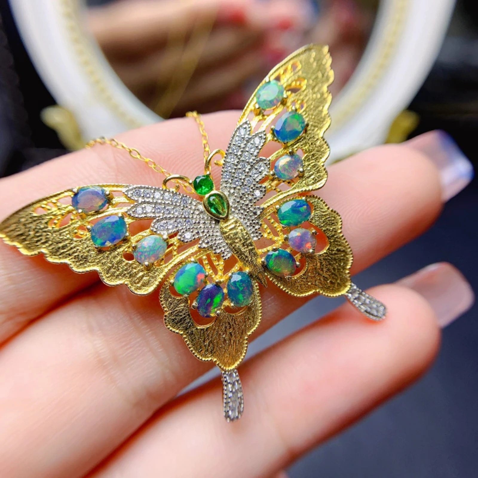 Australian Opal Butterfly Brooch, Blue Opal Butterfly Brooch Pin and Pendant
