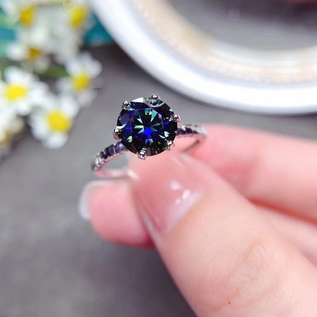 VVS1 2 CT Round Brilliant Cut Dark Blue Moissanite Ring