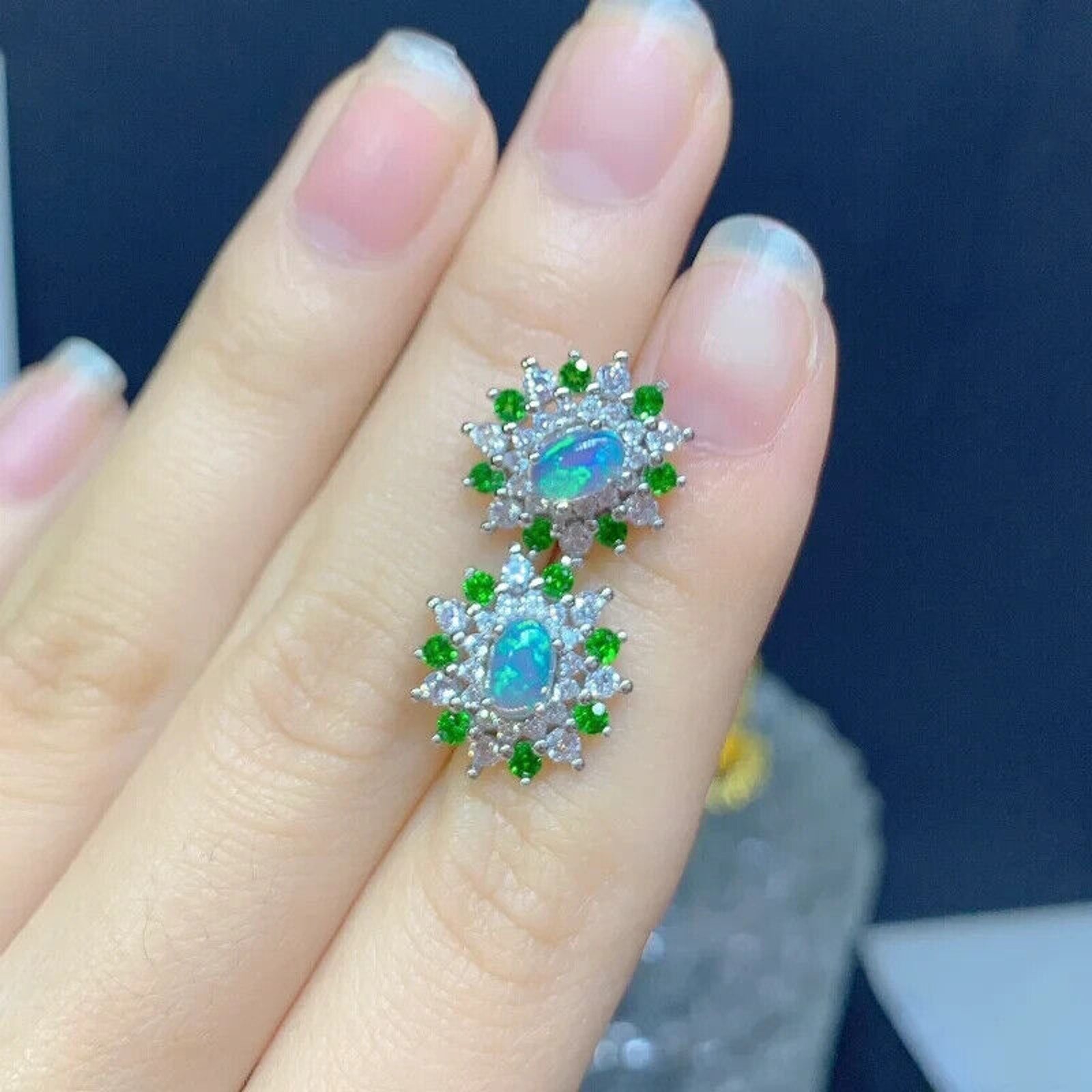 White Opal and Chrome Diopside Stud Earrings, Fire Opal and Diopside Earrings