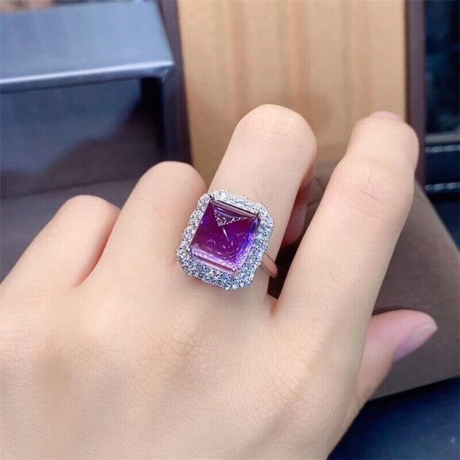 10x10mm Sugarloaf Amethyst Gemstone Ring with Cubic Zirconia, 925 Sterling