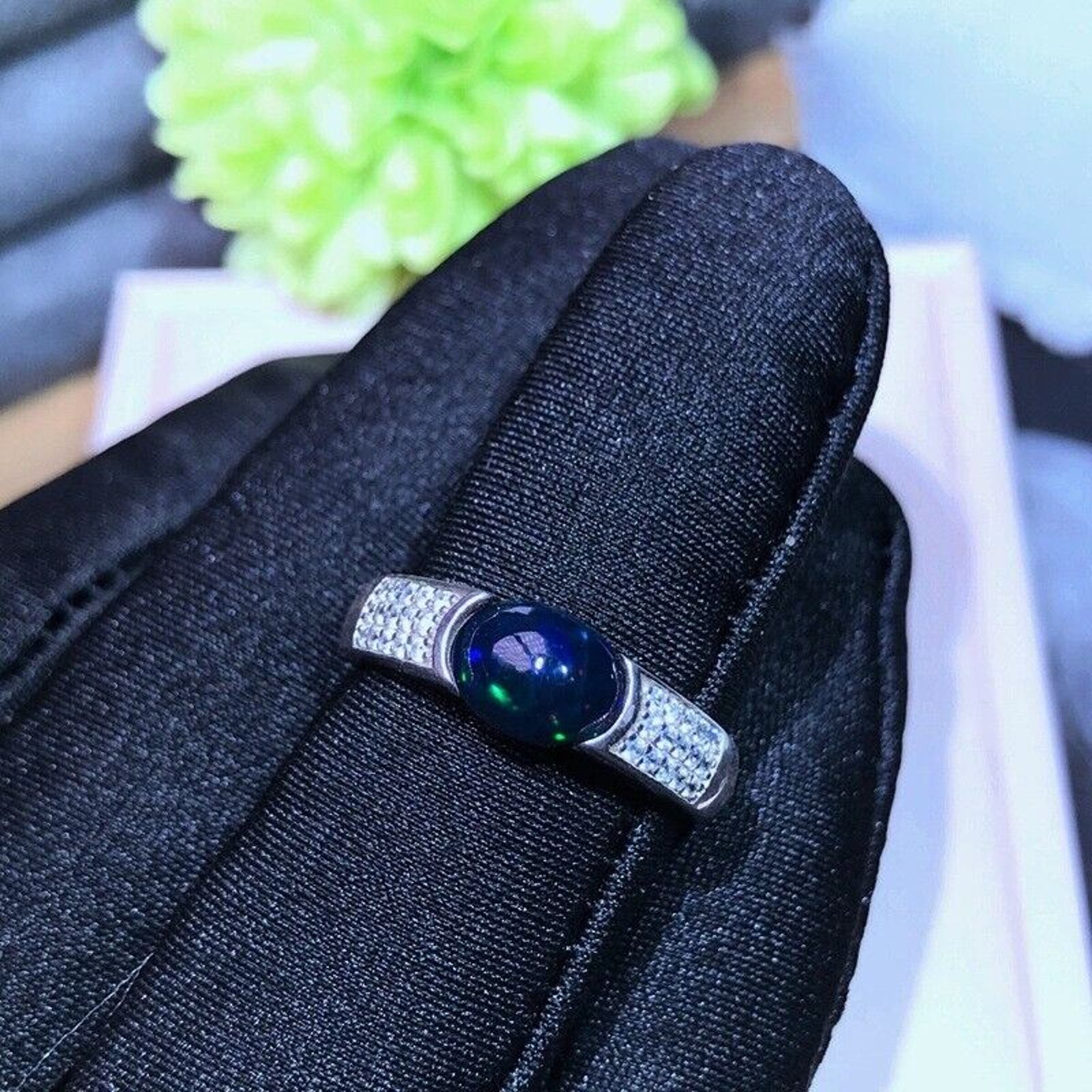 Men's Black Opal Ring Platinum Plated, Natural Black Opal Ring Men's Opal Ring's