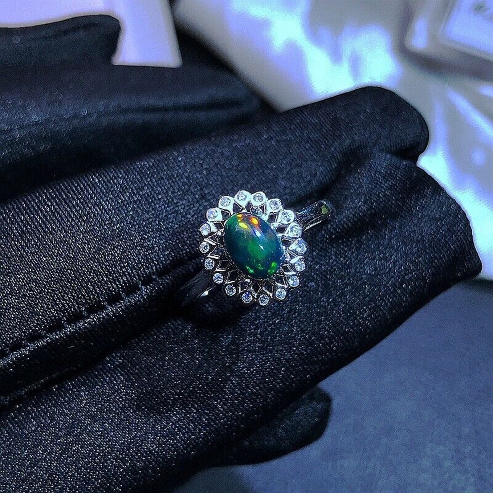Vintage Black Opal Ring Platinum Plated, Natural Black Opal Ring Sterling Silver
