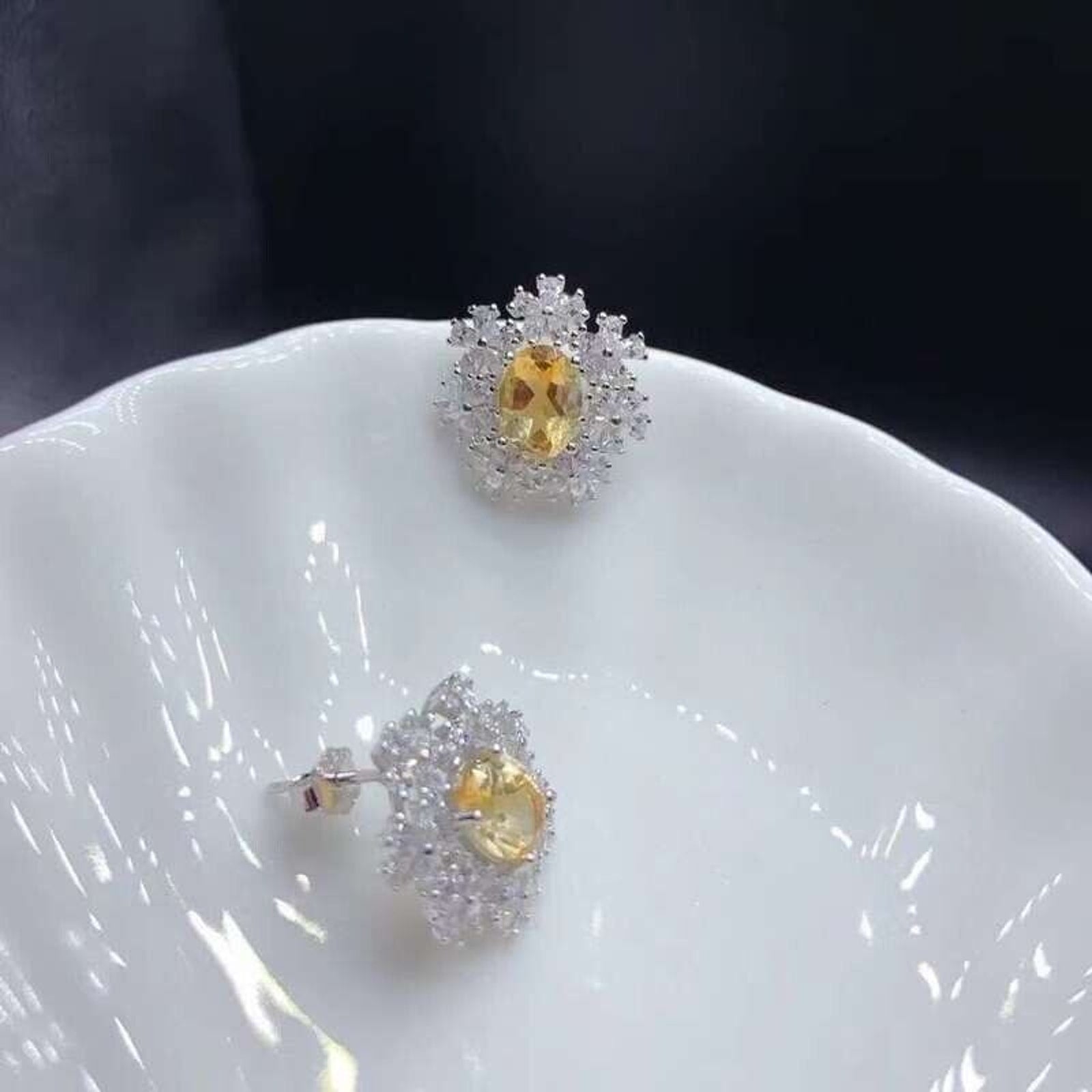 Natural Citrine Stud Earrings, Citrine Flower Cubic Zirconia Stud Earrings