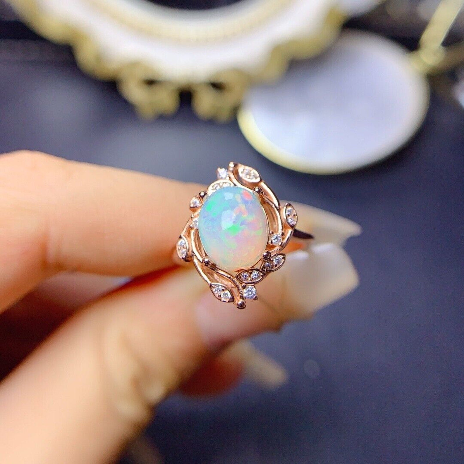Vintage Style Opal Ring, Natural Fire Opal Cocktail Ring, Genuine Opal Ring