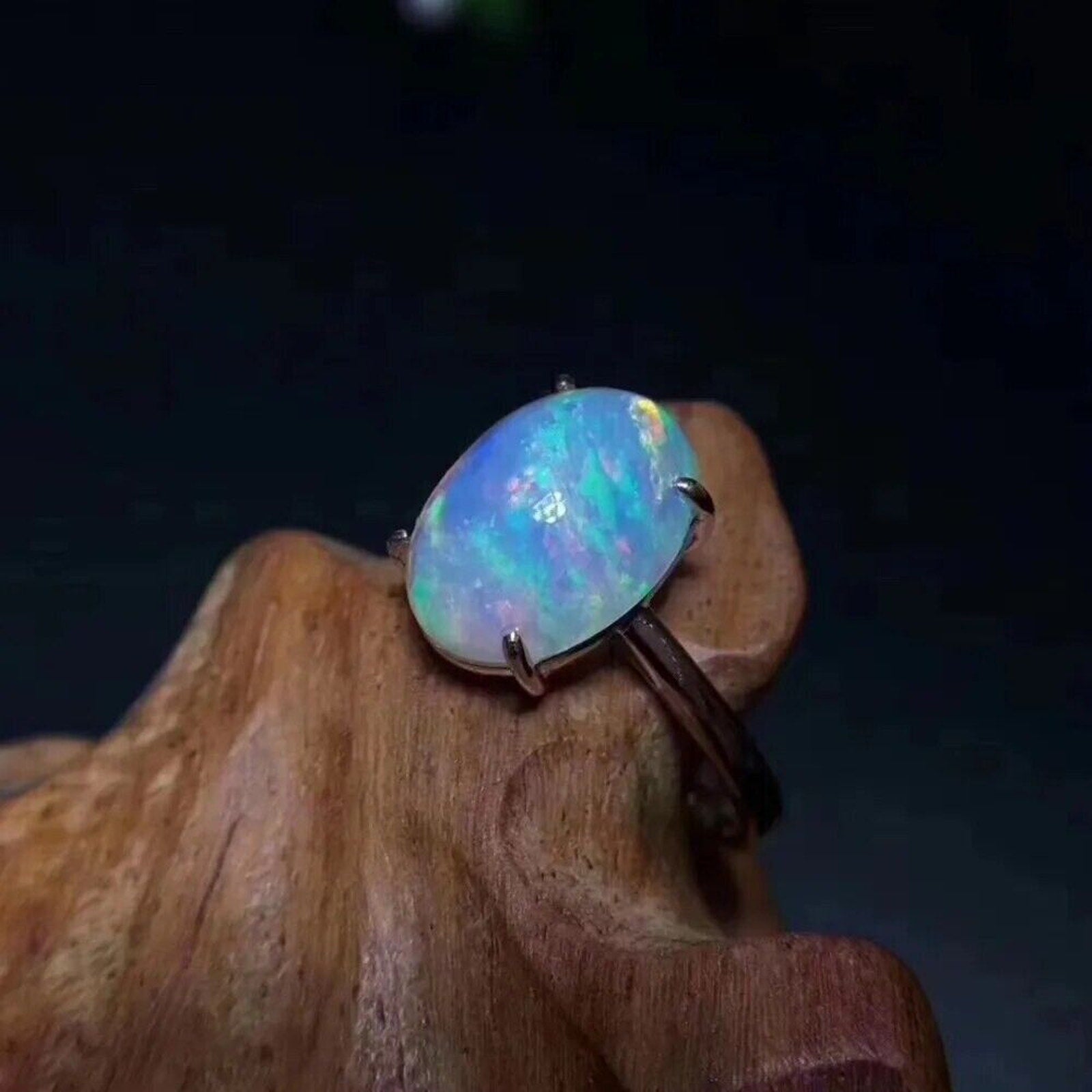 White Fire Opal, White Opal Ring, Gemstone Jewelry Ring, Womens Fire Opal 7x9mm