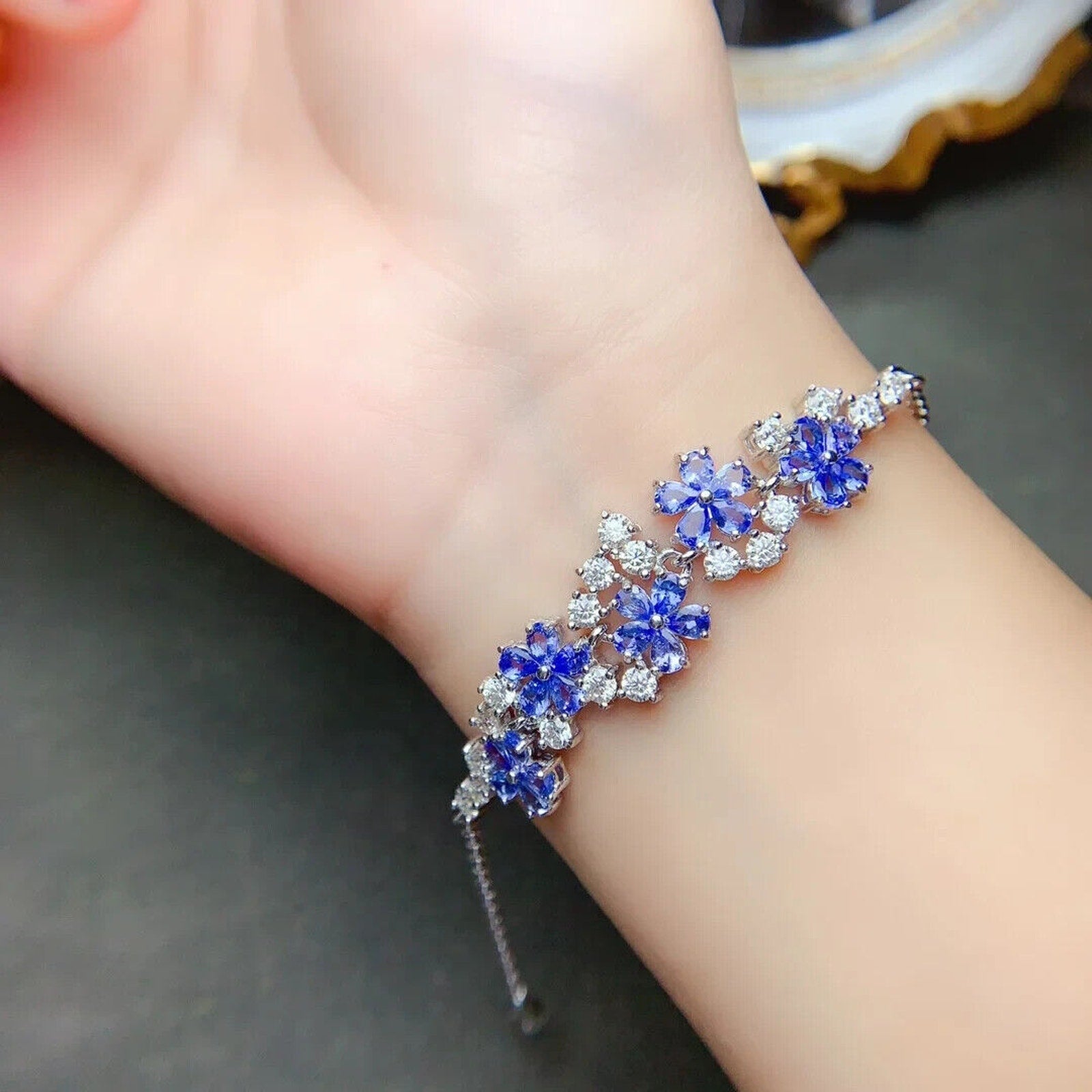 Purple Tanzanite Flower Statement Necklace Platinum Plated, Tanzanite Jewelry