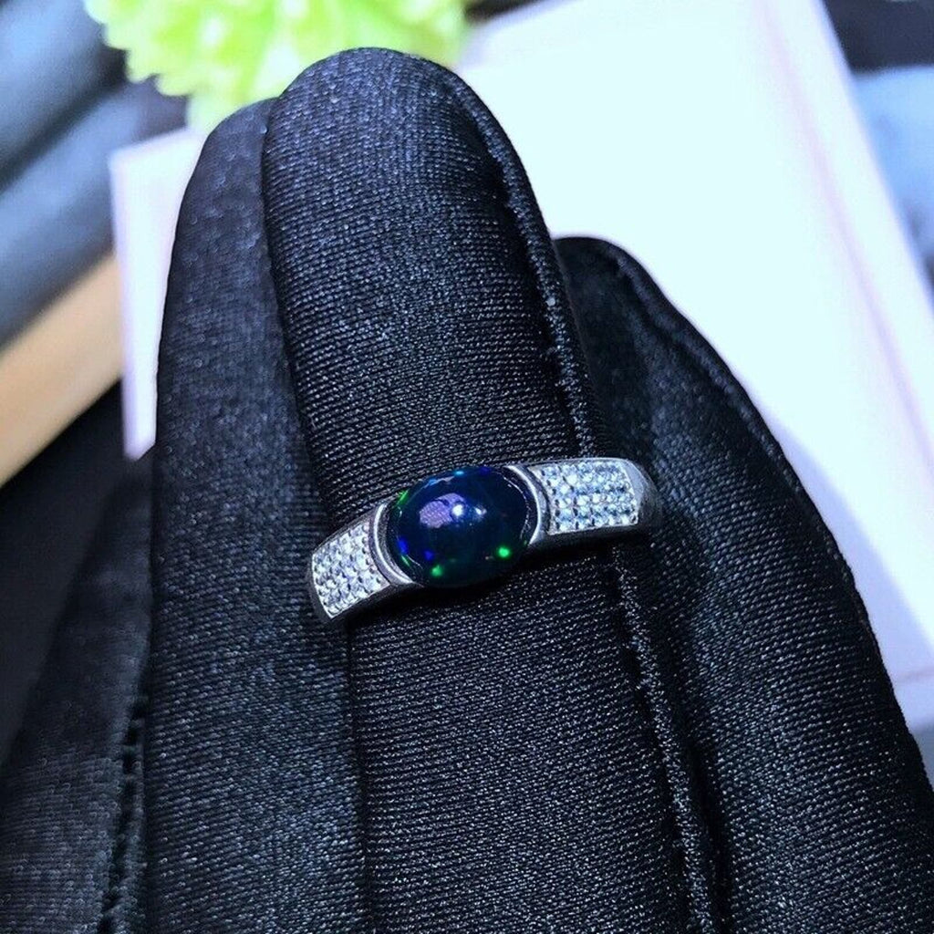 Men's Black Opal Ring Platinum Plated, Natural Black Opal Ring Men's Opal Ring's