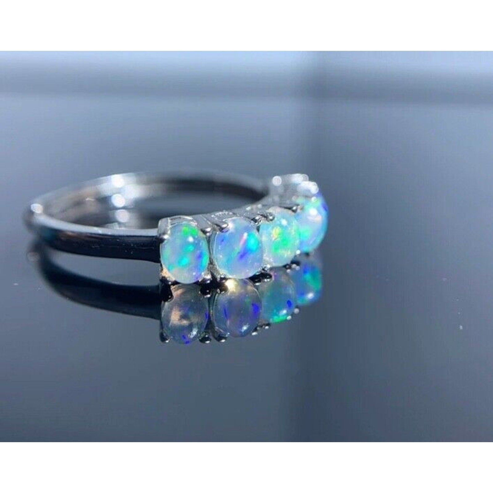 Australian Opal Band Ring, Women's White Opal Ring Sterling Silver, Opal Band