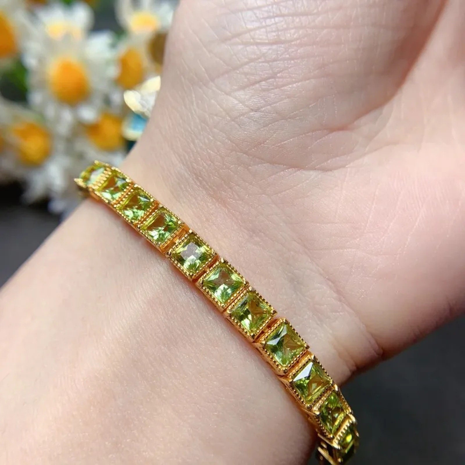 August Birthstone Peridot Bracelet, Square Cut Peridot Tennis Bracelet