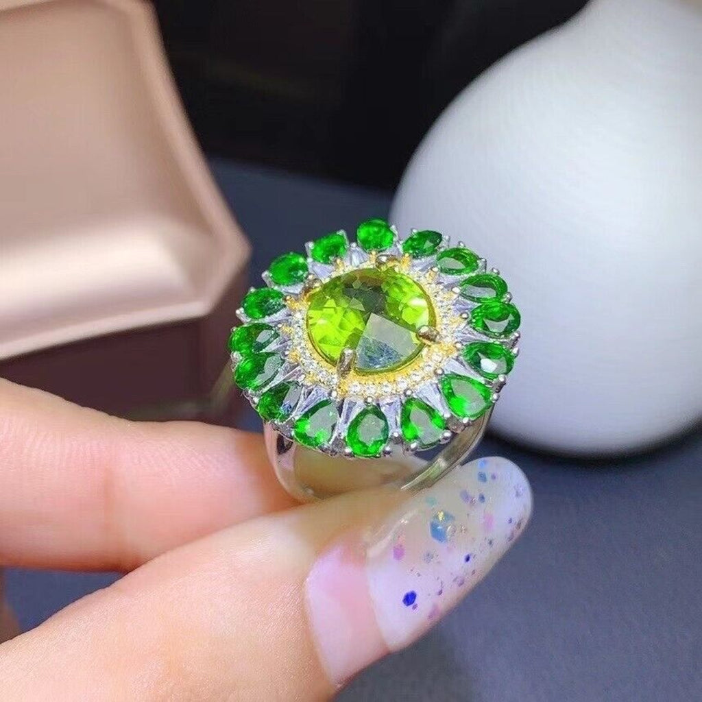 Oval Cut Peridot and Chrome Diopside Statement Ring, Chrome Diopside and Peridot