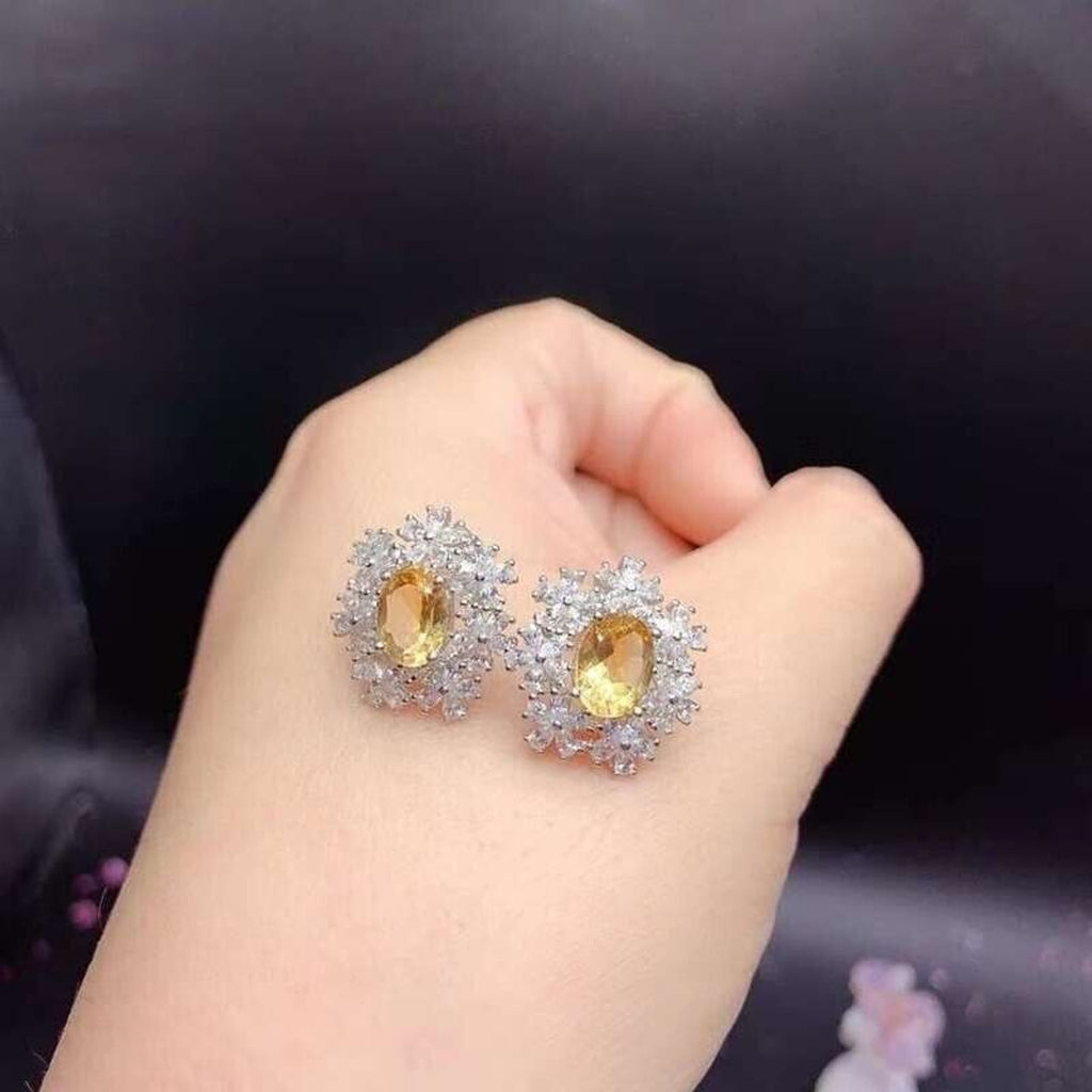 Natural Citrine Stud Earrings, Citrine Flower Cubic Zirconia Stud Earrings