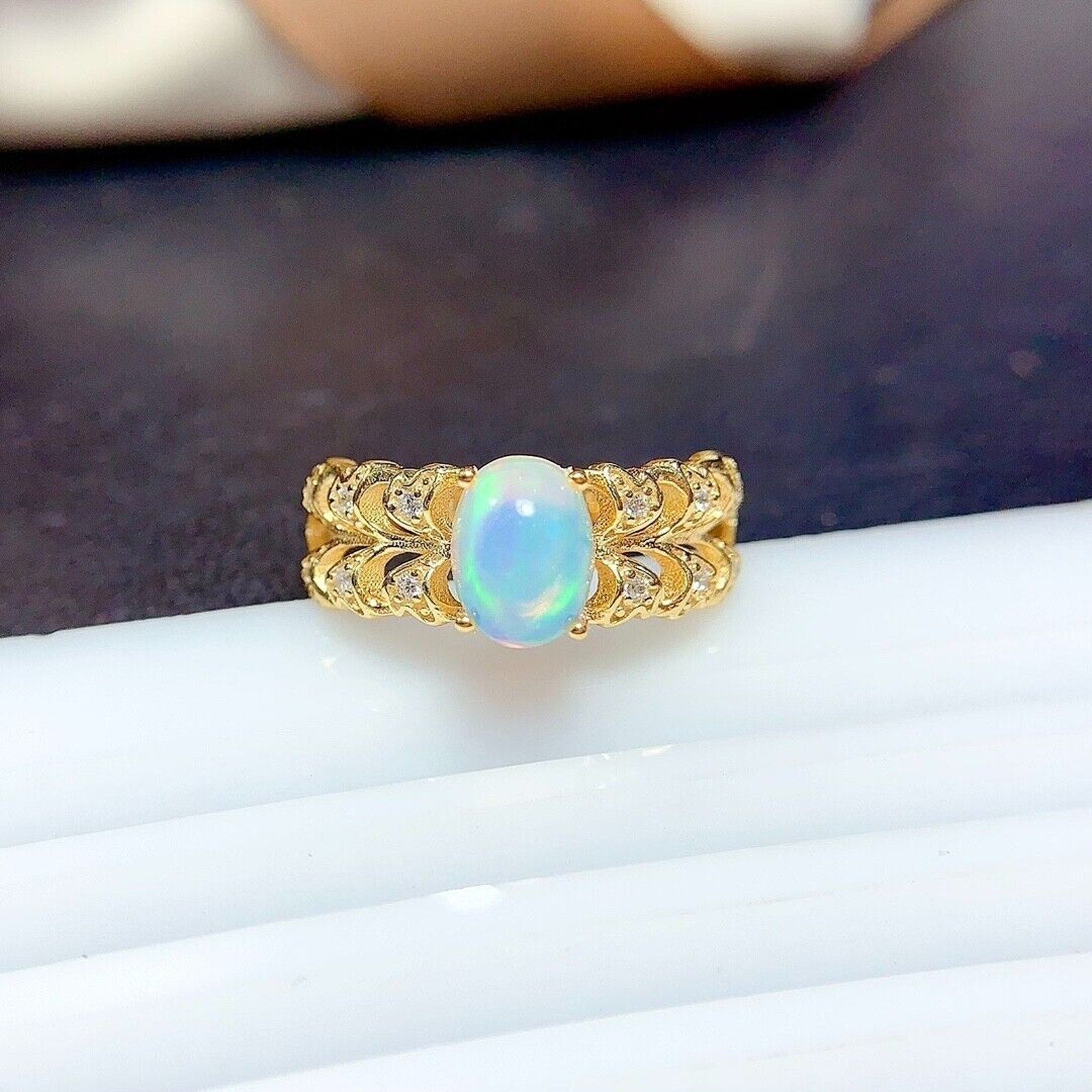 Natural White Opal Double Band Statement Ring 6x8mm