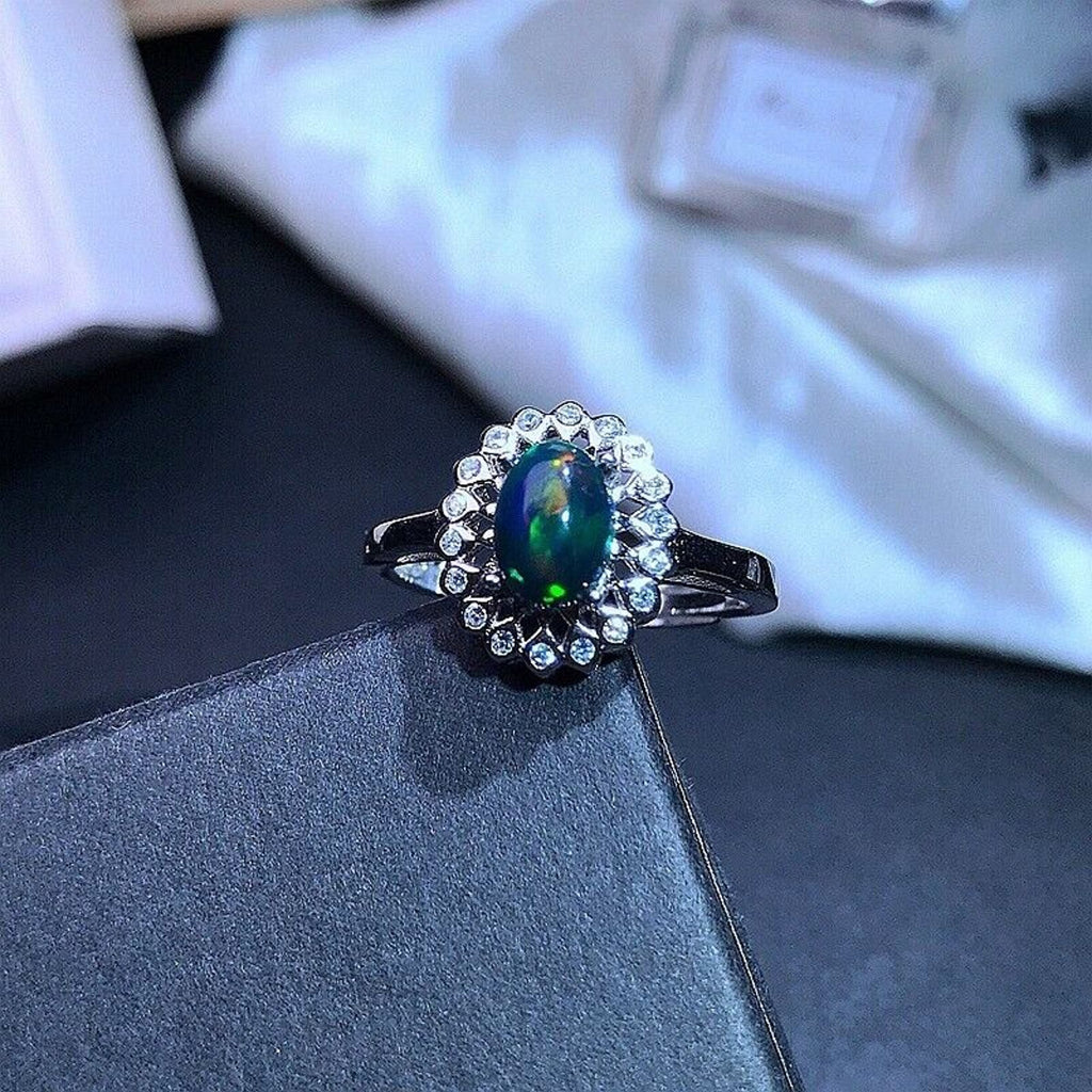 Vintage Black Opal Ring Platinum Plated, Natural Black Opal Ring Sterling Silver