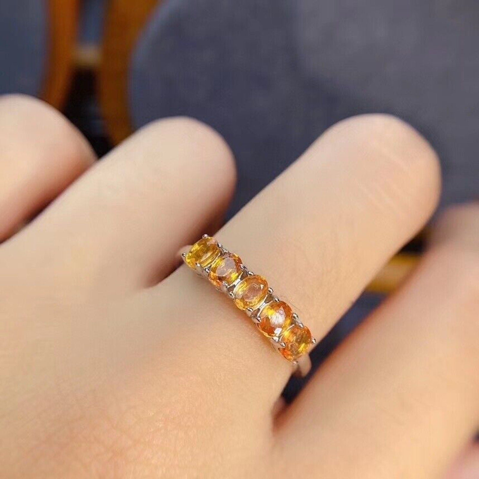 3x4mm Natural Citrine Gemstone Band Ring, Genuine Citrine Ring 925 Sterling