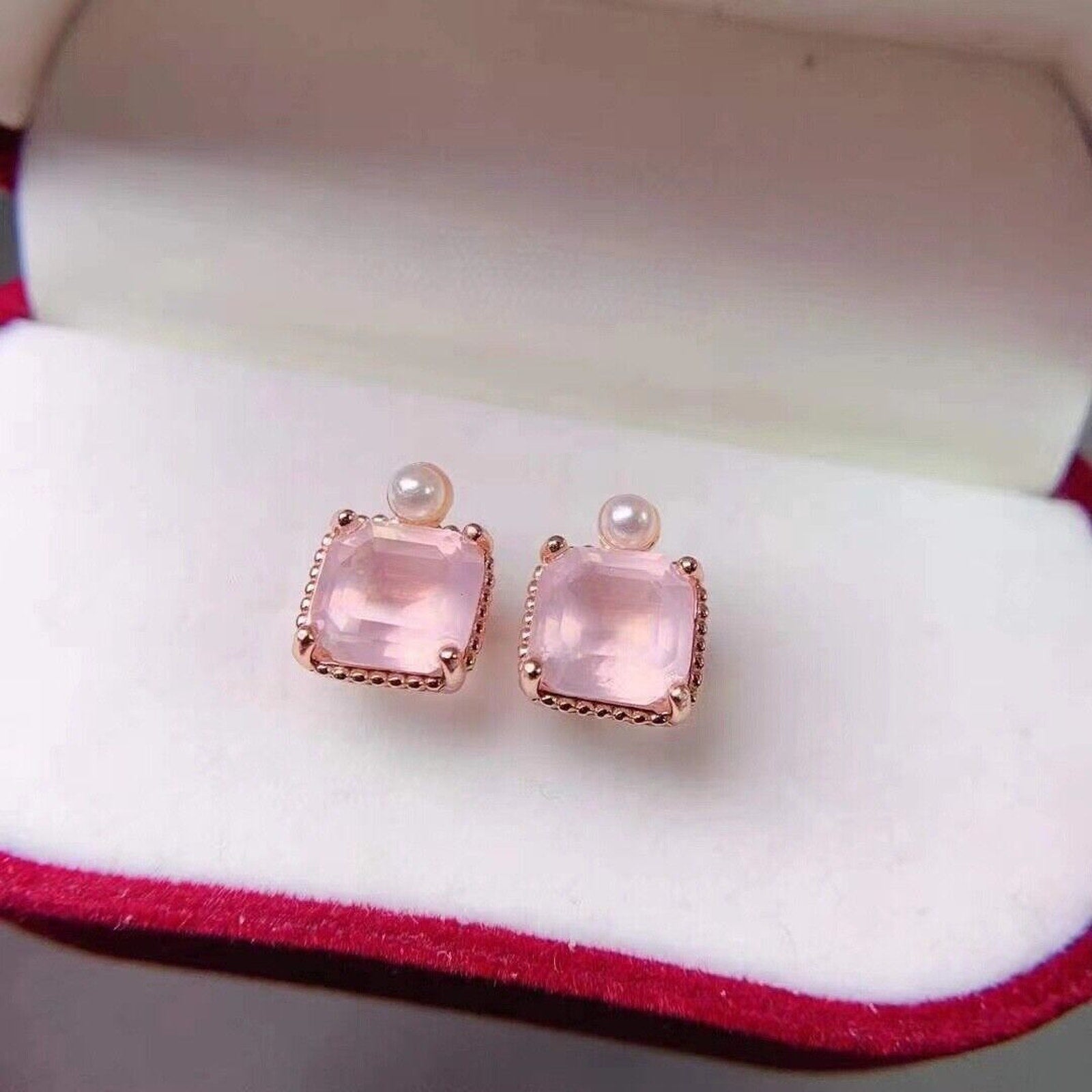 8x8mm Natural Rose Quartz Stud Earrings, Natural Rose Quartz Stud Earrings