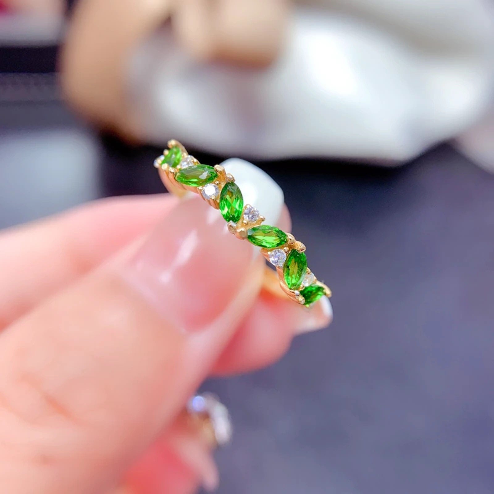 Marquise Cut Natural Chrome Diopside Band Ring 2x4mm