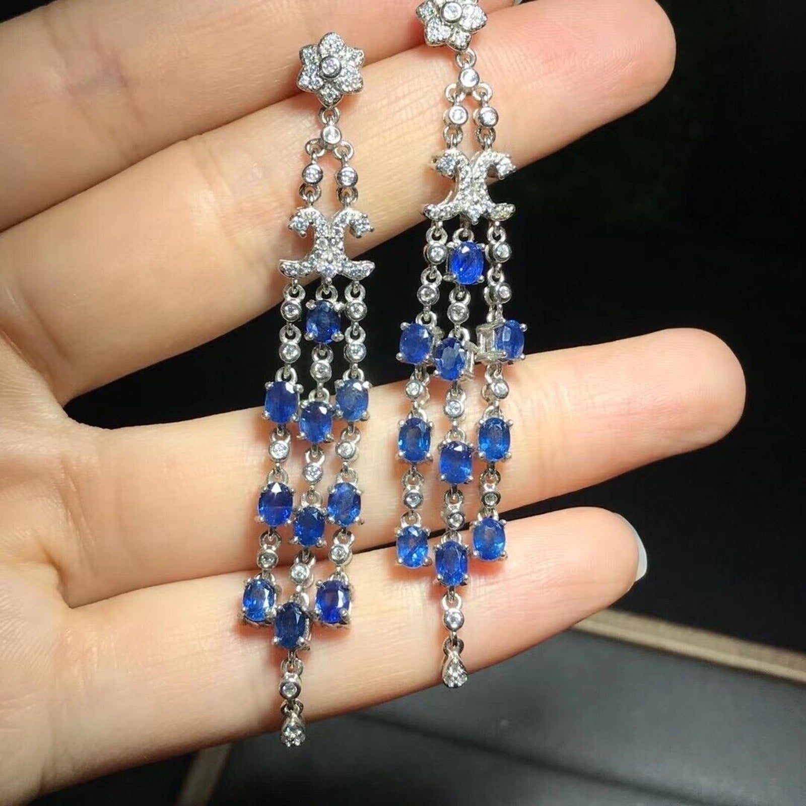 Three Tier Chandelier Sapphire Earrings, Natural Blue Sapphire VVS Grade
