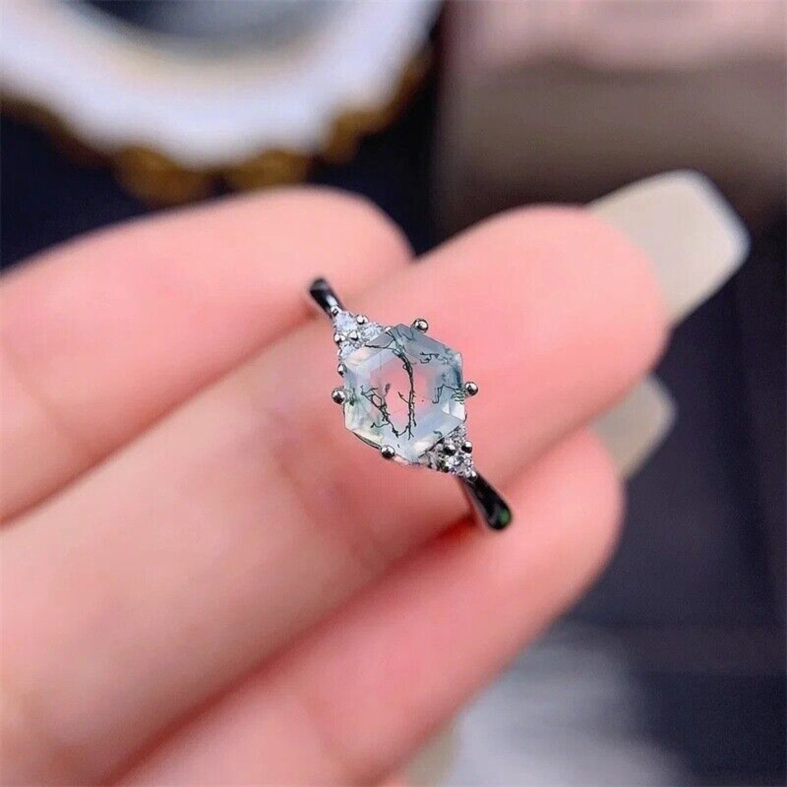 Natural Moss Agate Ring Hexagonal 6mm 925 Sterling Silver