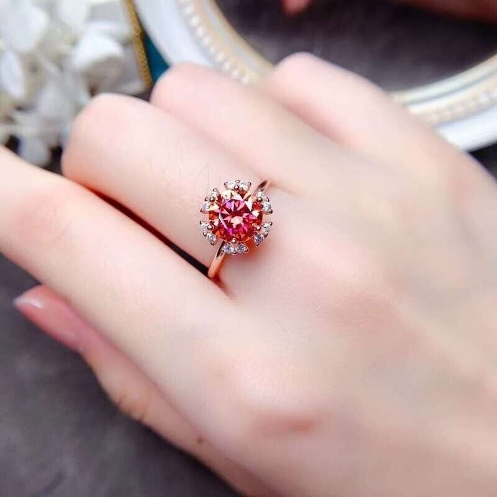VVS1 2 Carat Red Moissanite Flower Ring Round Brilliant Cut