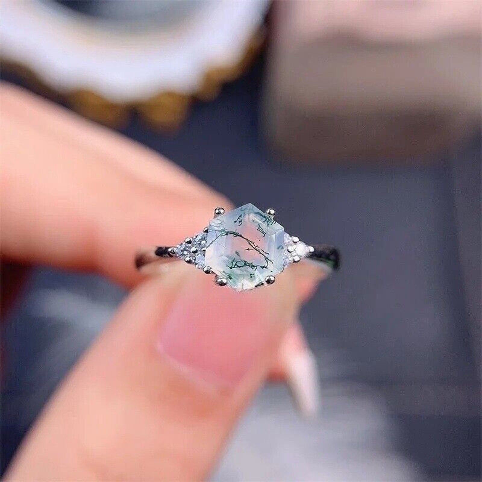 Natural Moss Agate Ring Hexagonal 6mm 925 Sterling Silver