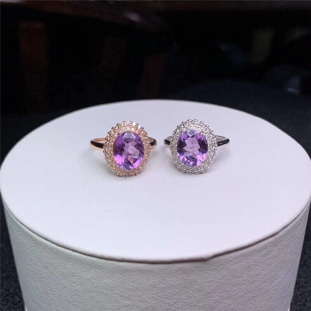 8x10mm Oval Cut Natural Amethyst Ring, Platinum Plated Sterling Silver Amethyst