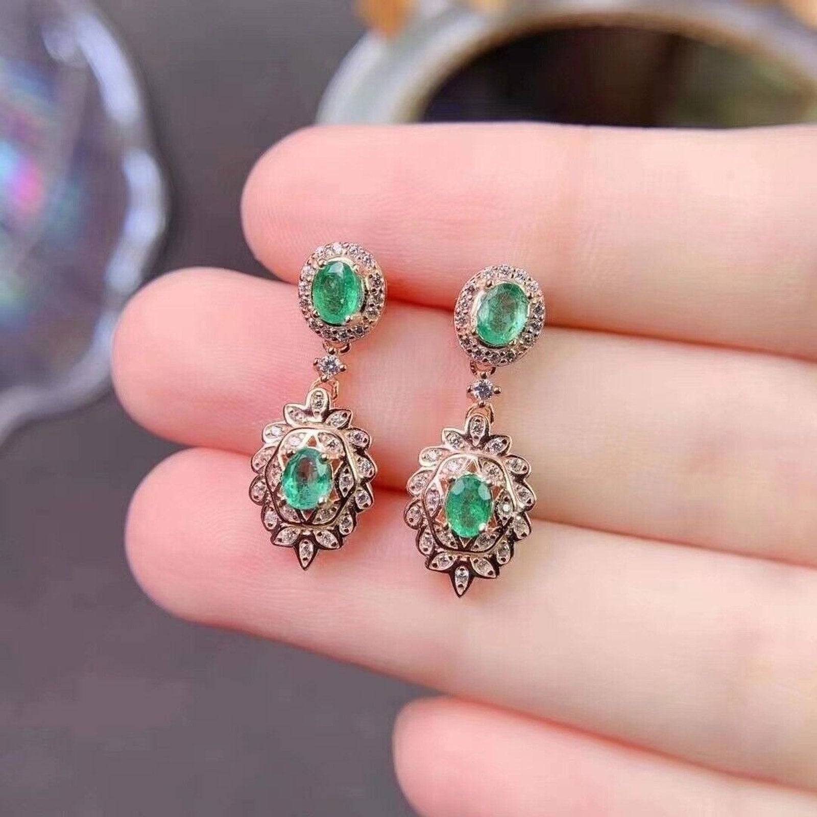 Natural Emerald Vintage Style Drop Earrings, Natural Emerald Sterling Silver