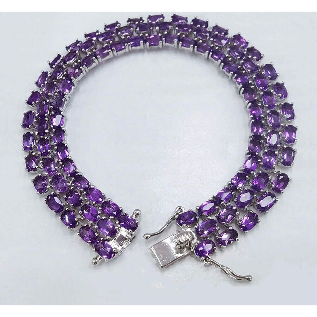 Natural Amethyst Three Layer Tennis Bracelet, Oval Cut Amethyst Tennis Bracelet