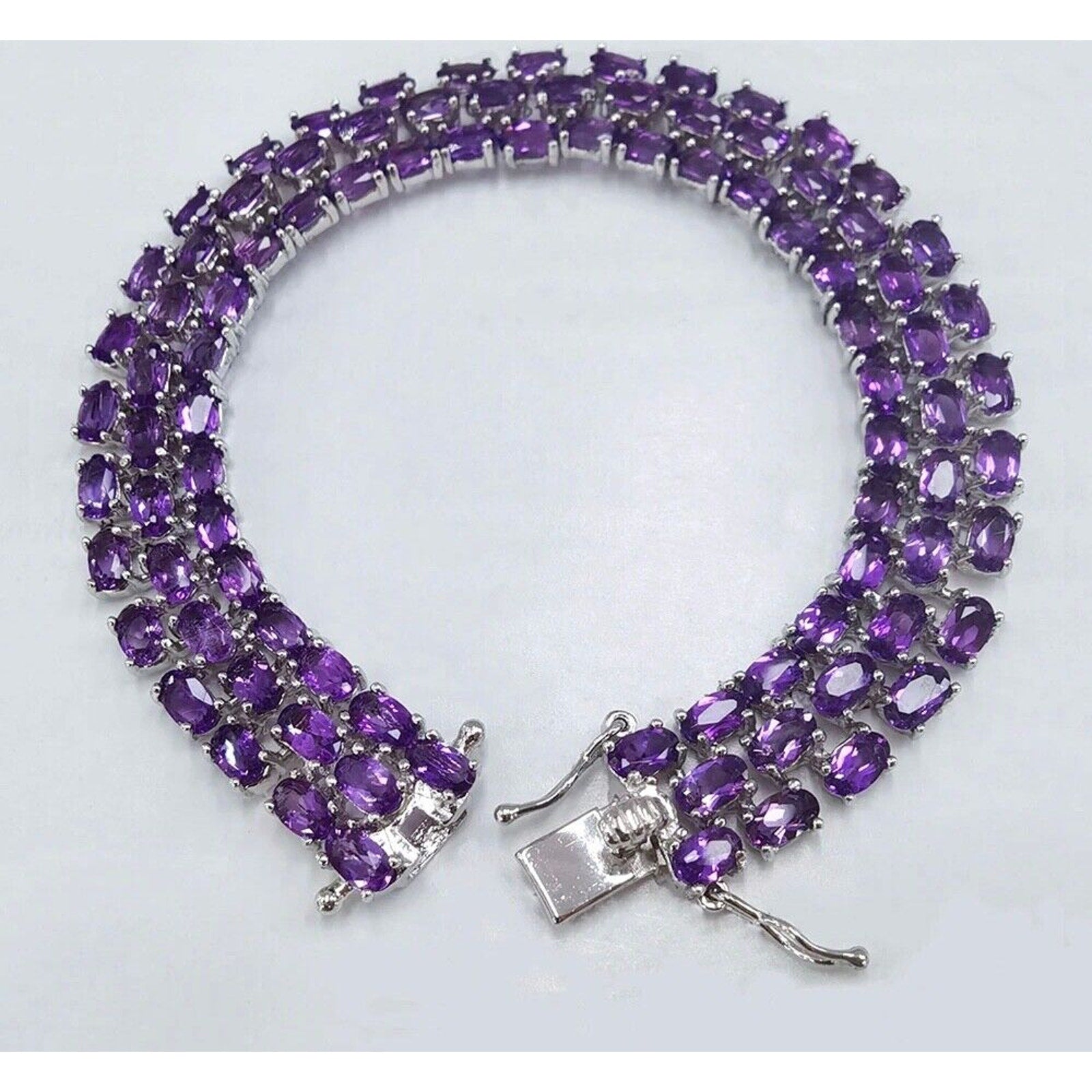 Natural Amethyst Three Layer Tennis Bracelet, Oval Cut Amethyst Tennis Bracelet