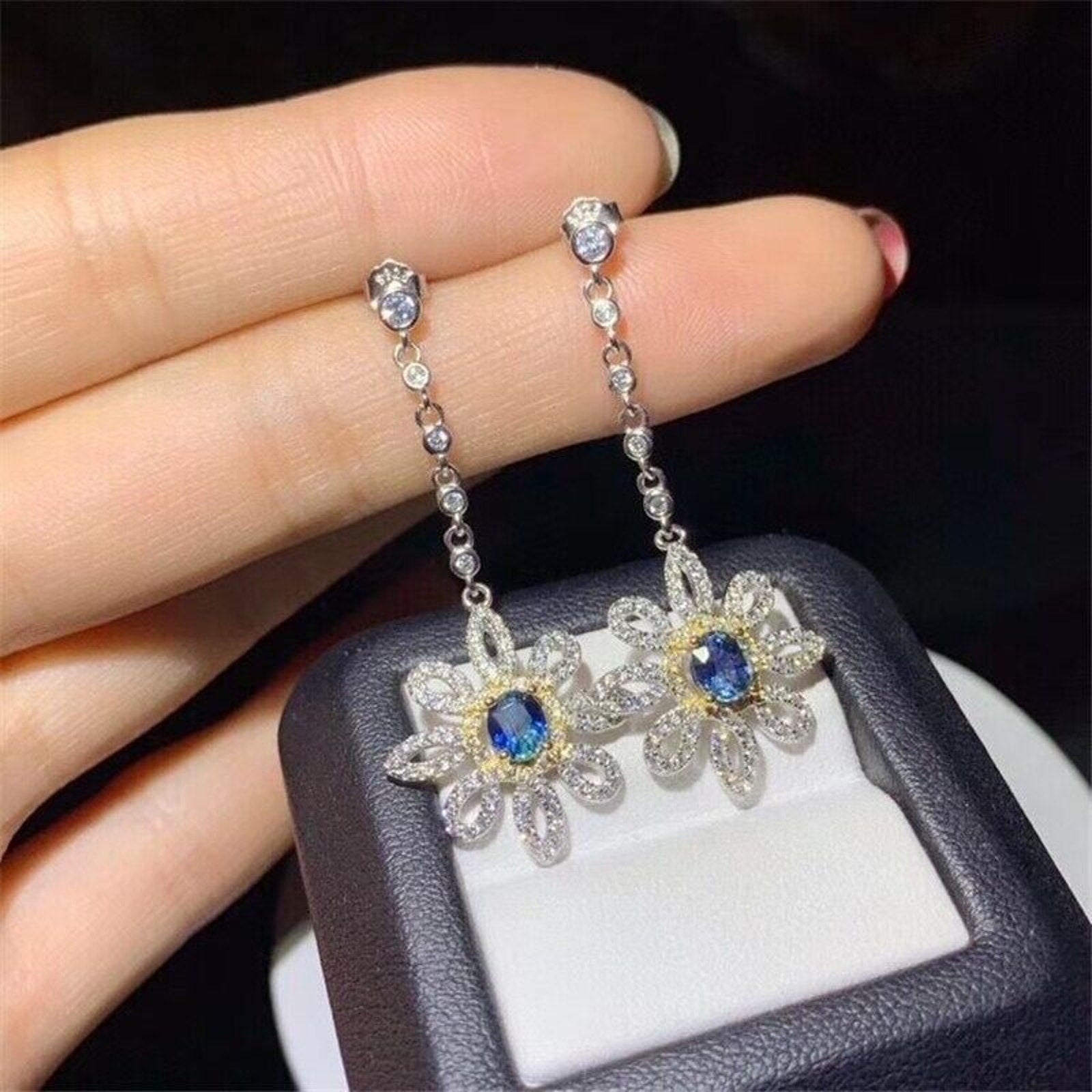 Blue Sapphire Long Dangle Flower Earrings, VVS Grade Blue Sapphire Earrings