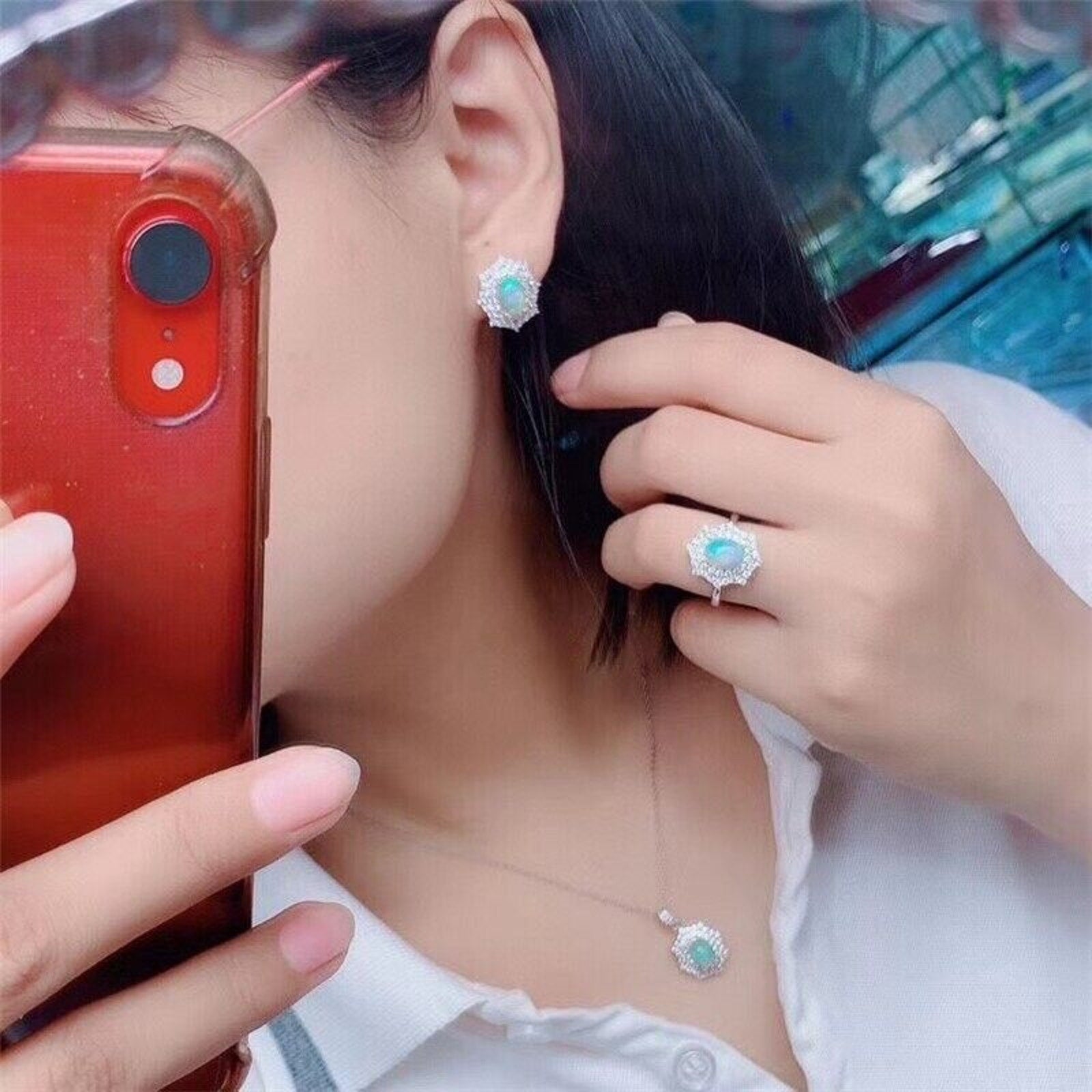 Australian Opal Jewelry Set, Opal Pendant, Opal Ring, and Opal Earring Set 6x8mm