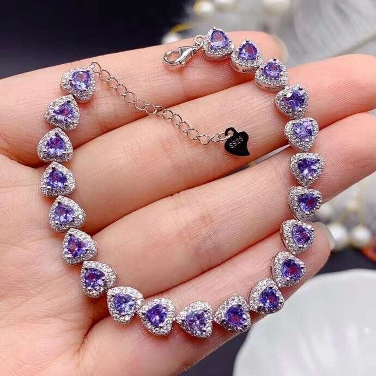 Purple Tanzanite Heart Tennis Bracelet – 925 Sterling Silver