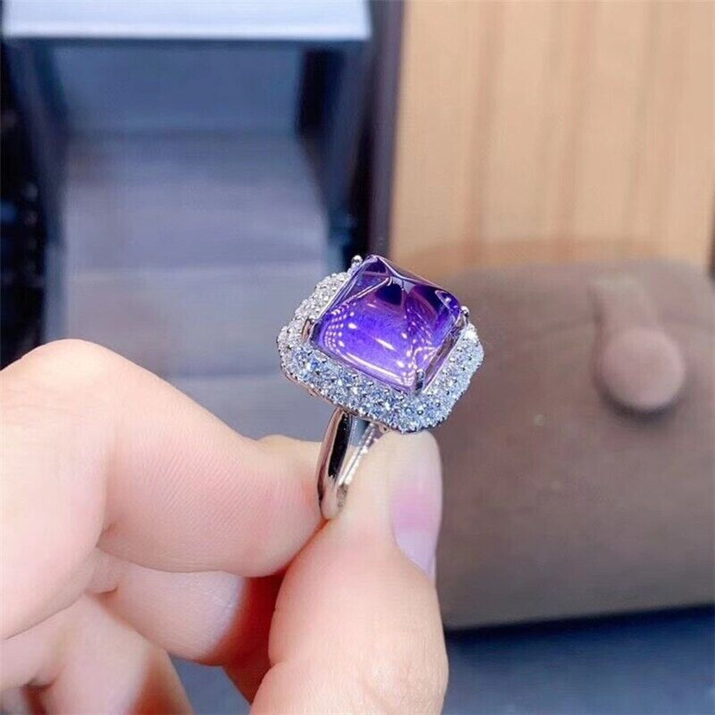 10x10mm Sugarloaf Amethyst Gemstone Ring with Cubic Zirconia, 925 Sterling