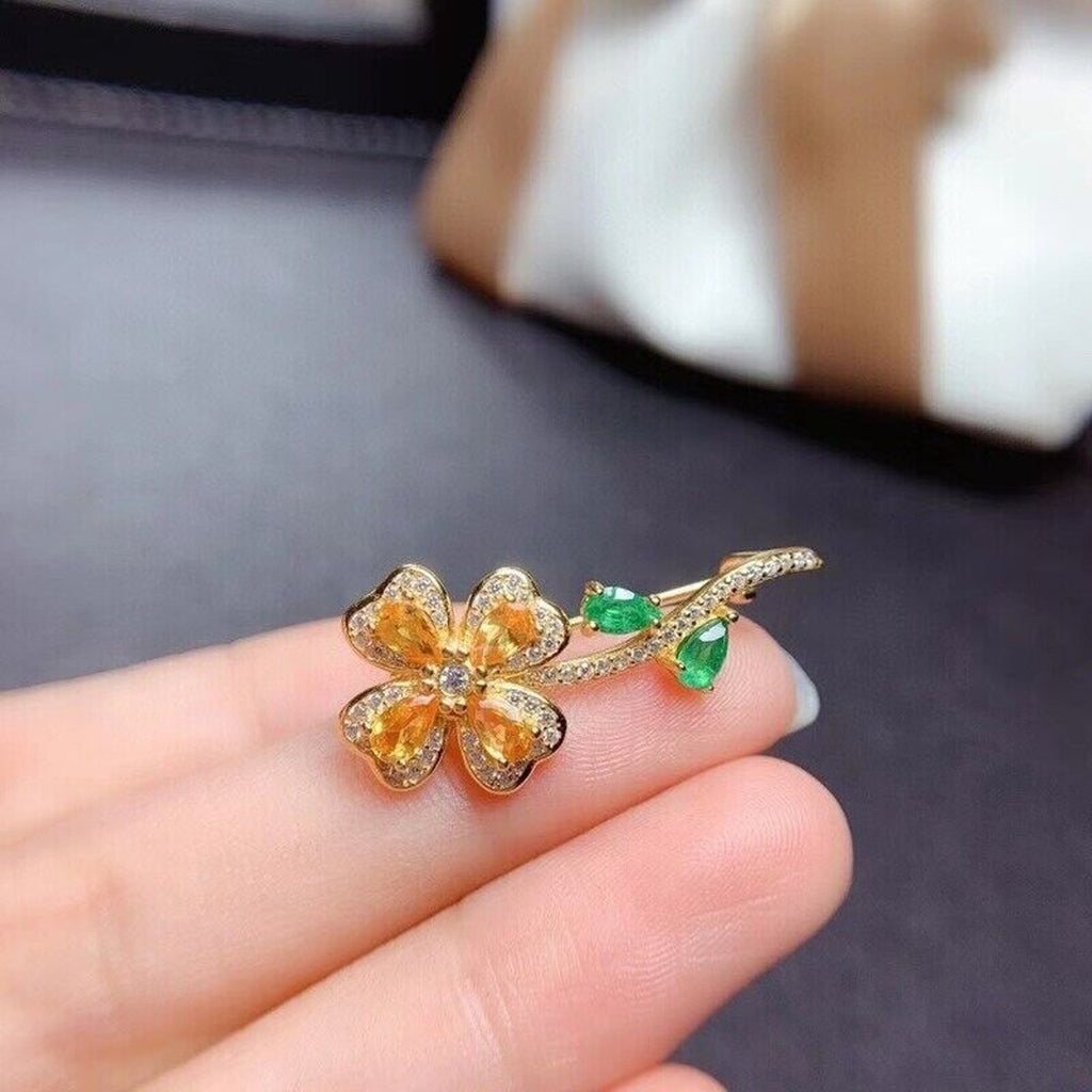 Citrine and Emerald Floral Brooch Pin, Women's Citrine Emerald Floral Pendant