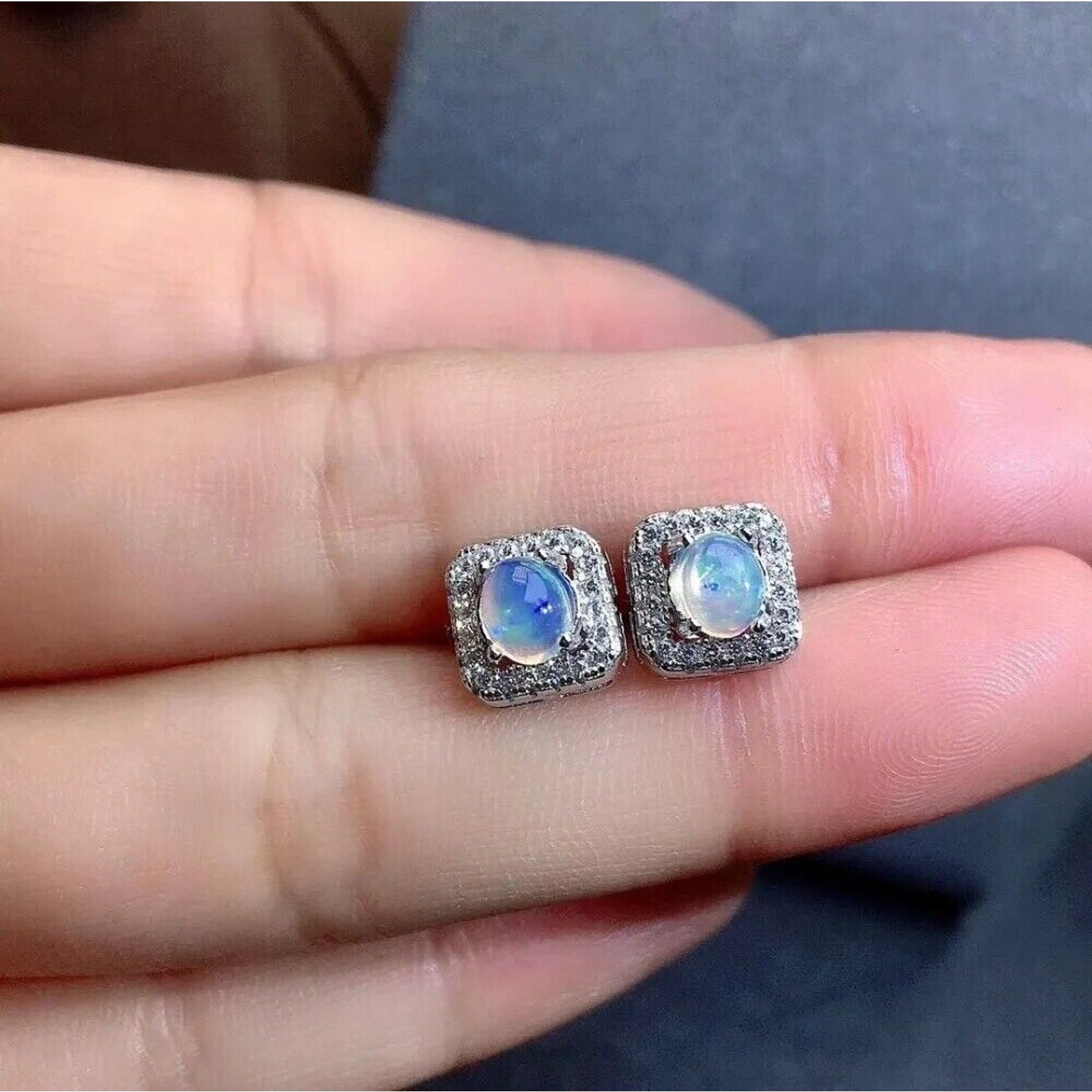 Stud Earrings Opal, Opal Gemstone Silver, Natural Opal Earrings 925 Sterling