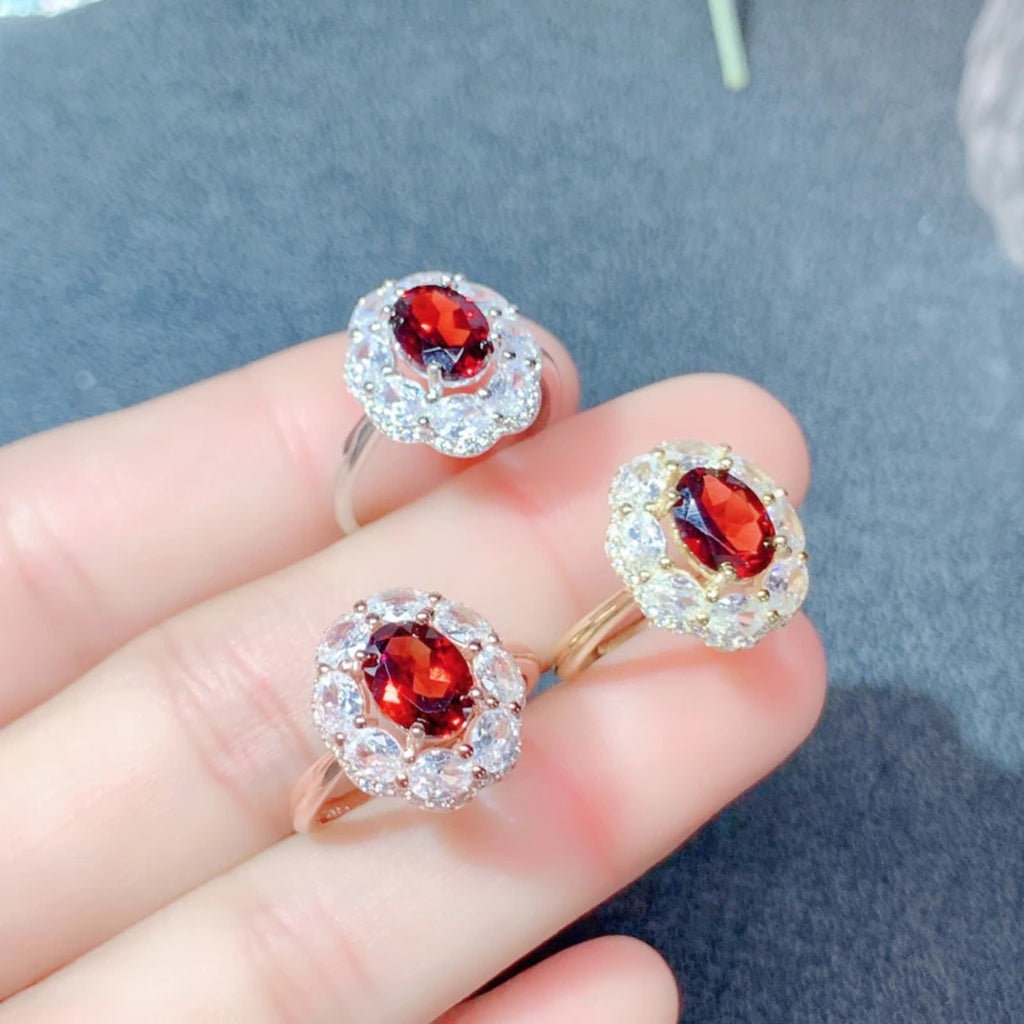 Natural Garnet Pendant and Ring Jewelry Set, 6x8mm Red Garnet and CZ Jewelry Set