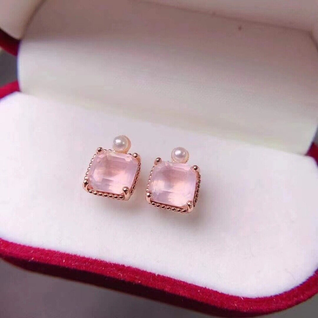 8x8mm Natural Rose Quartz Stud Earrings, Natural Rose Quartz Stud Earrings