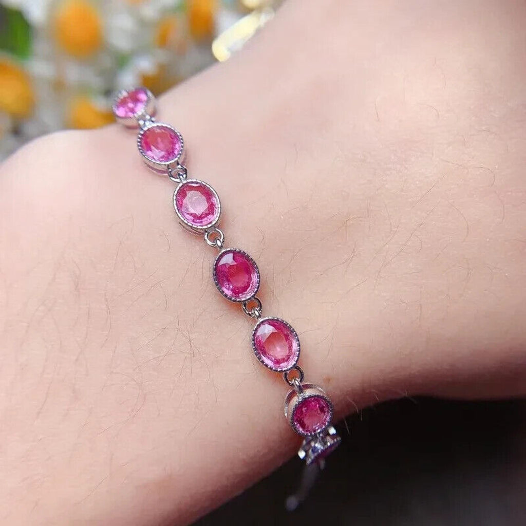 Pink Sapphire Tennis Bracelet Oval Cut 4x5mm Platinum Plated
