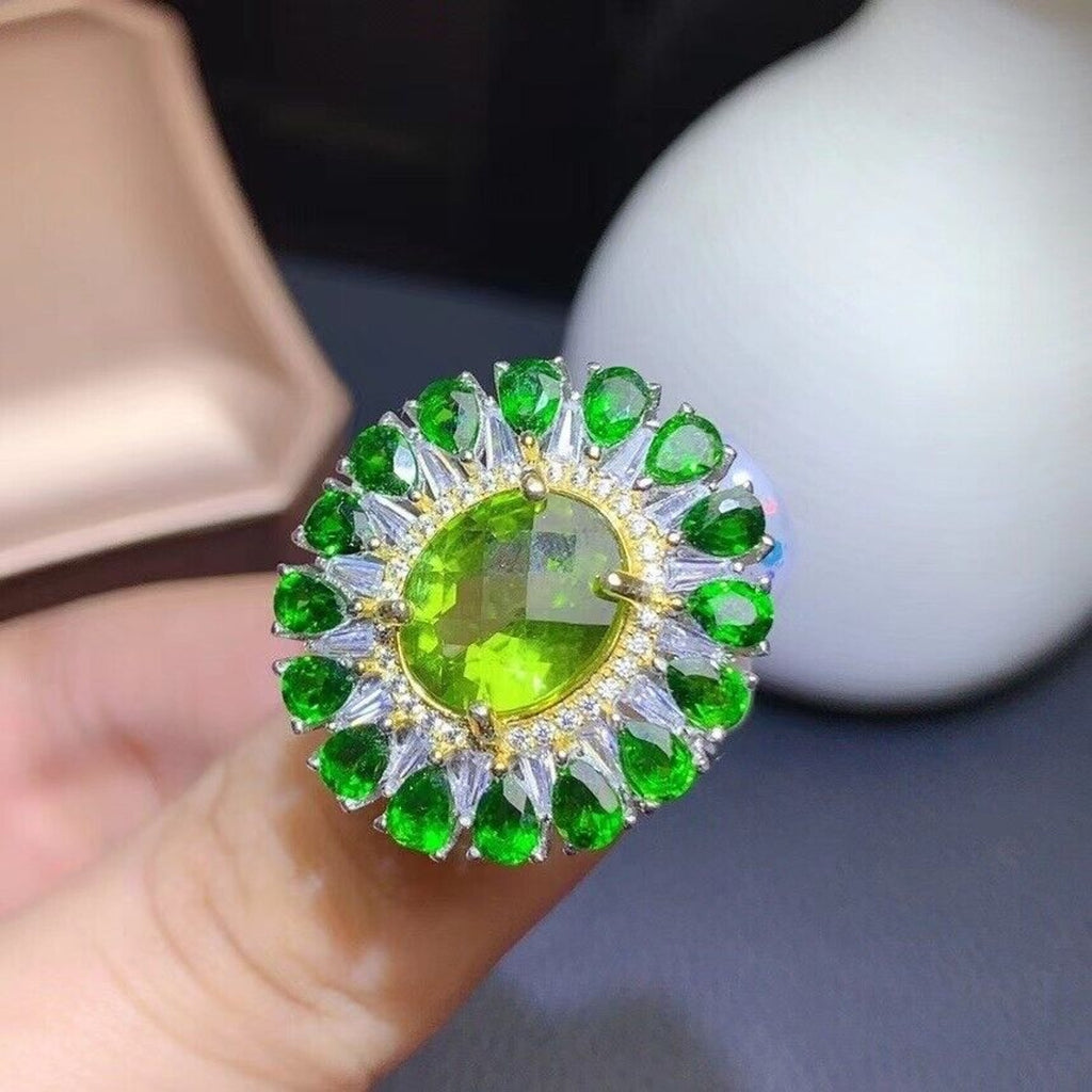 Oval Cut Peridot and Chrome Diopside Statement Ring, Chrome Diopside and Peridot