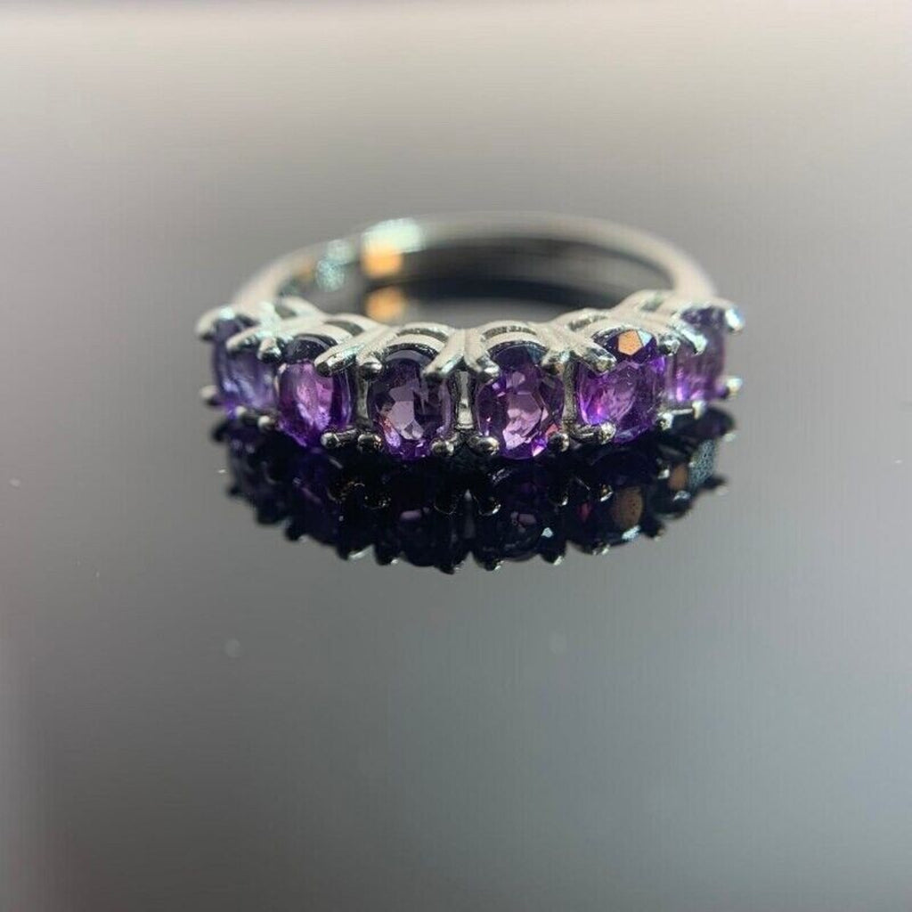 Natural Amethyst Half Eternity Ring, 3x4mm Amethyst Band Ring Sterling Silver