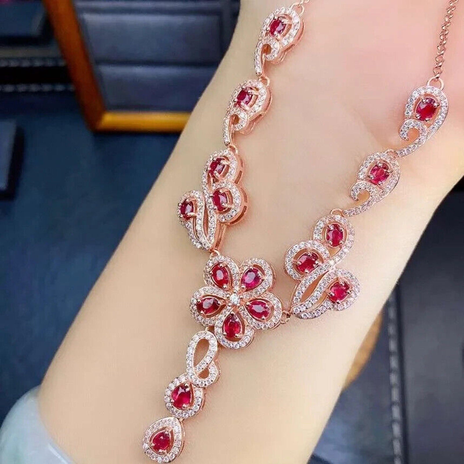 Ruby Necklace, Natural Ruby Statement Necklace 925 Sterling Silver, Genuine Ruby