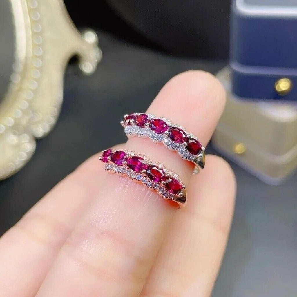 Pink Garnet Band Ring, Pinkish Purple Natural Garnet Ring Platinum Plated Silver