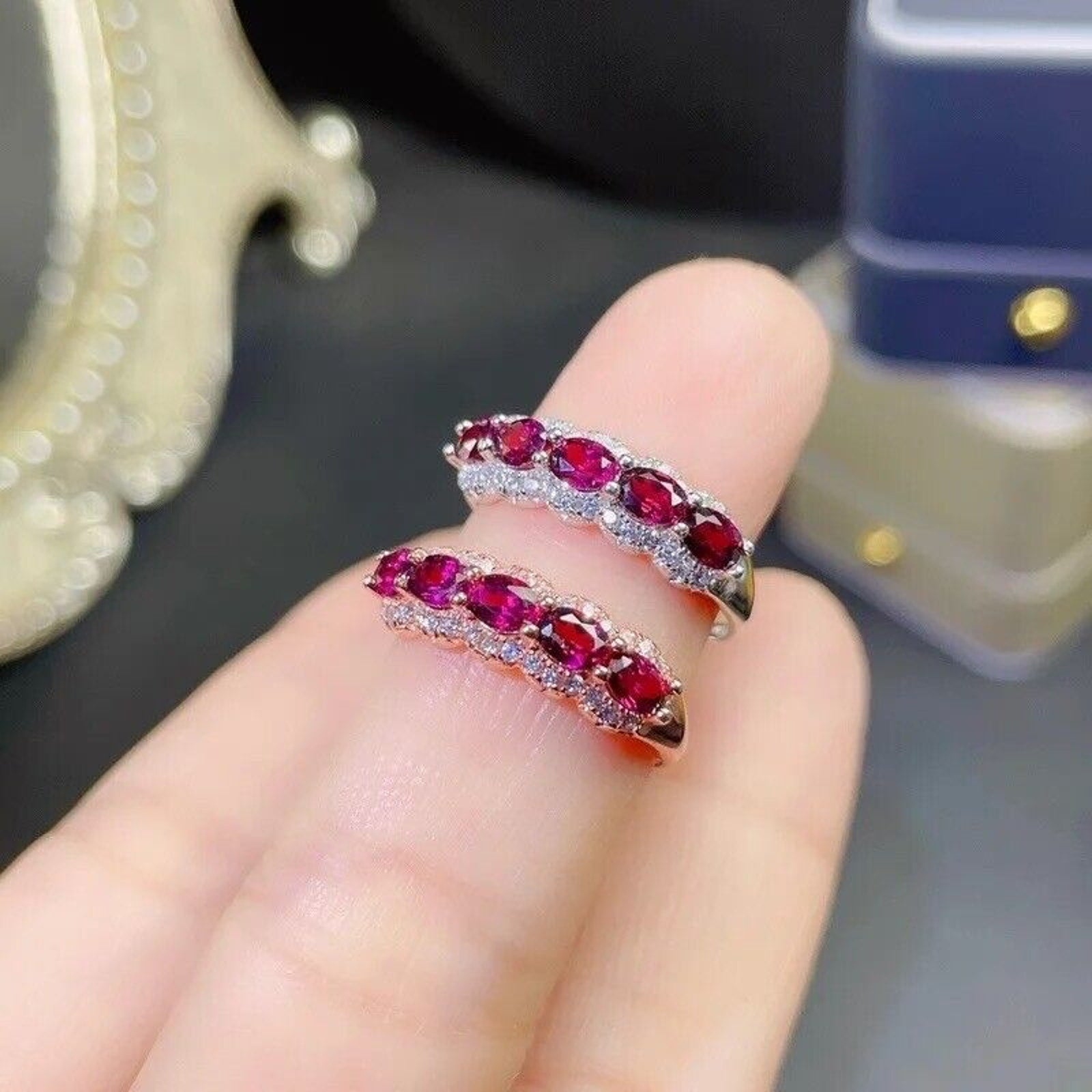 Pink Garnet Band Ring, Pinkish Purple Natural Garnet Ring Platinum Plated Silver