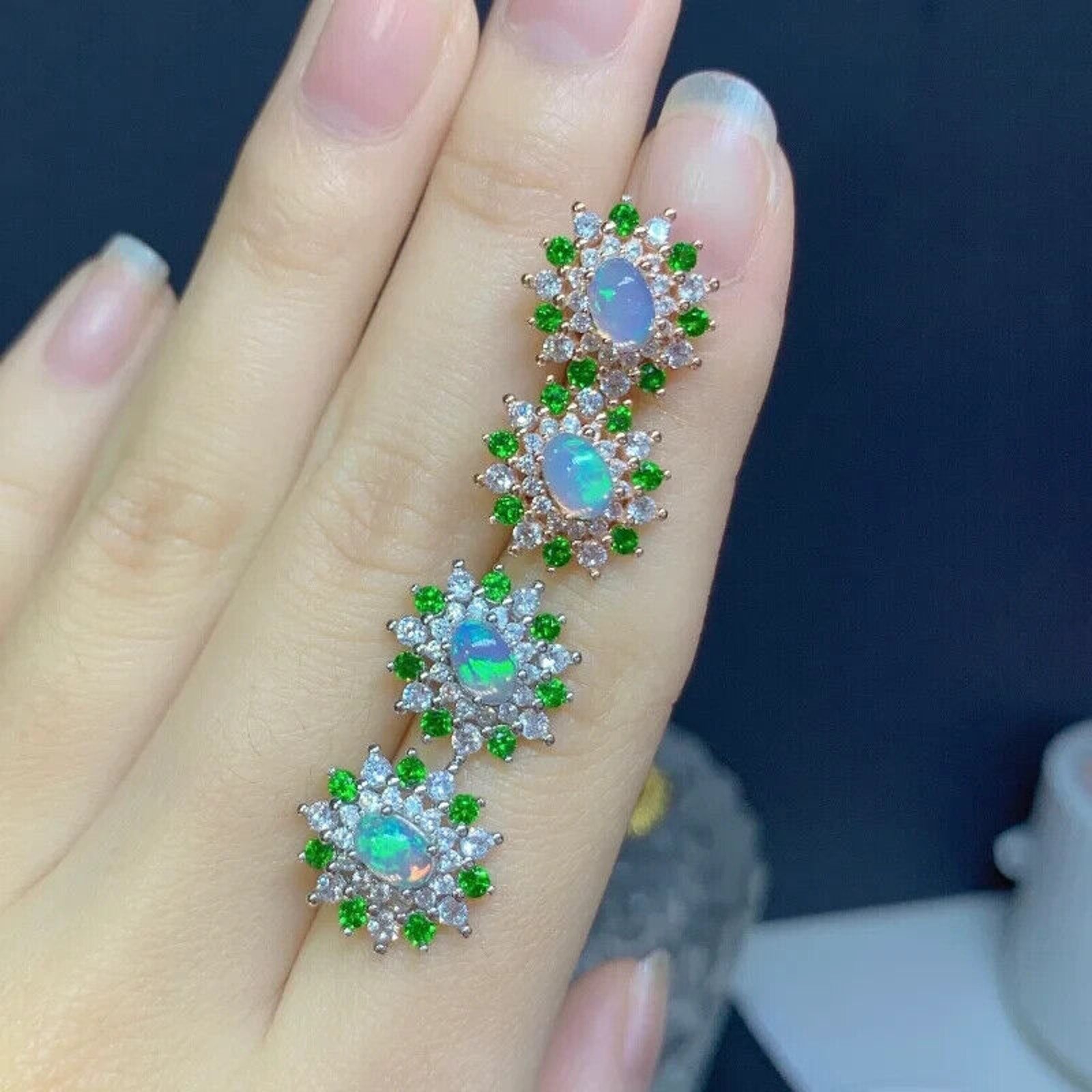 White Opal and Chrome Diopside Stud Earrings, Fire Opal and Diopside Earrings