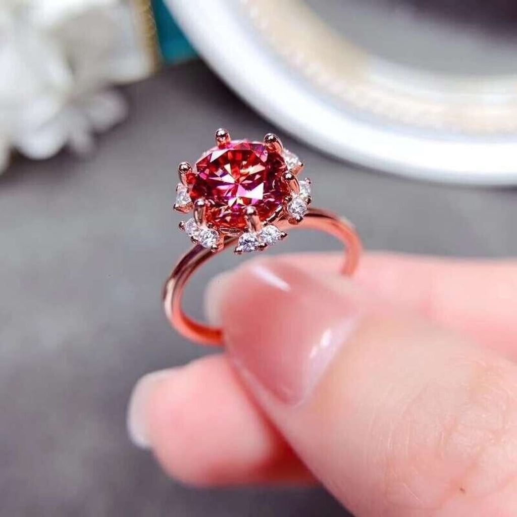 VVS1 2 Carat Red Moissanite Flower Ring Round Brilliant Cut