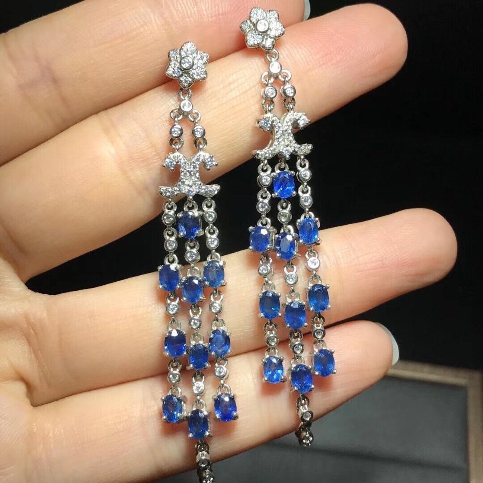 Three Tier Chandelier Sapphire Earrings, Natural Blue Sapphire VVS Grade