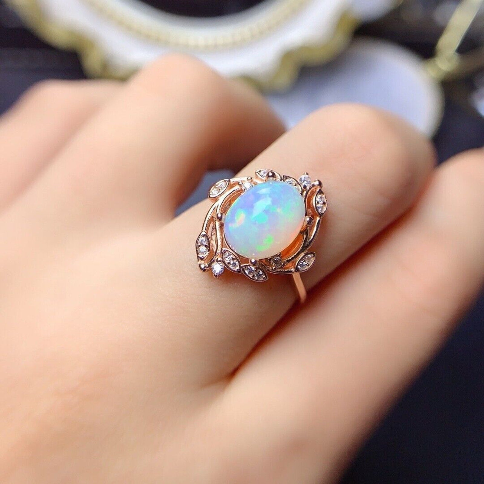 Vintage Style Opal Ring, Natural Fire Opal Cocktail Ring, Genuine Opal Ring