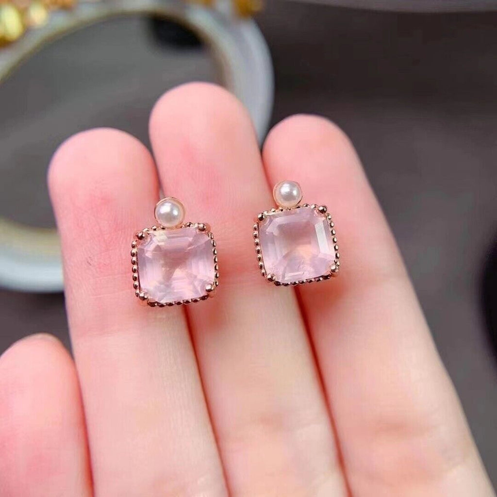 8x8mm Natural Rose Quartz Stud Earrings, Natural Rose Quartz Stud Earrings