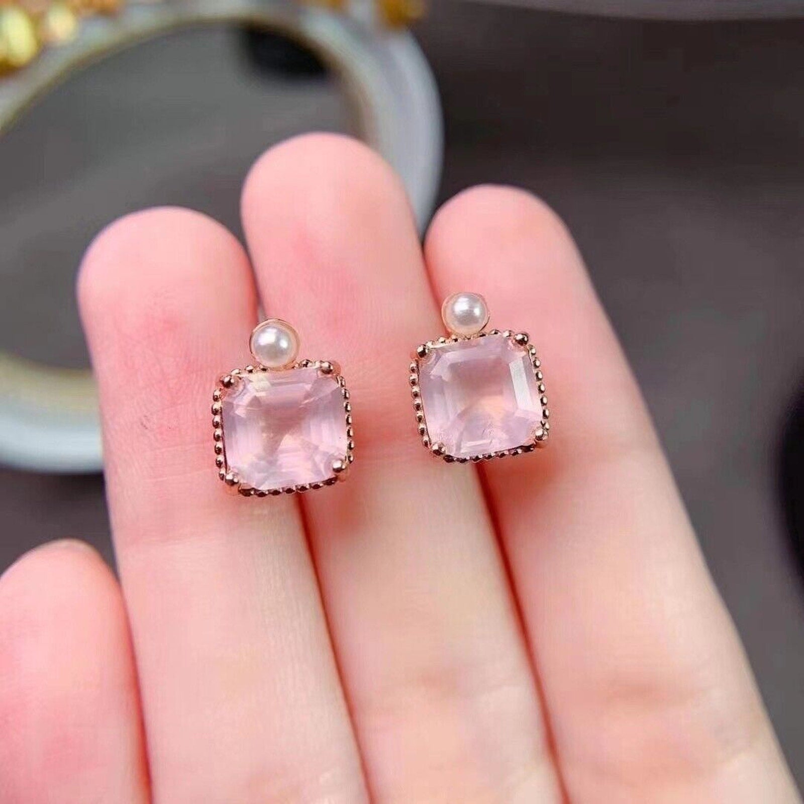 8x8mm Natural Rose Quartz Stud Earrings, Natural Rose Quartz Stud Earrings