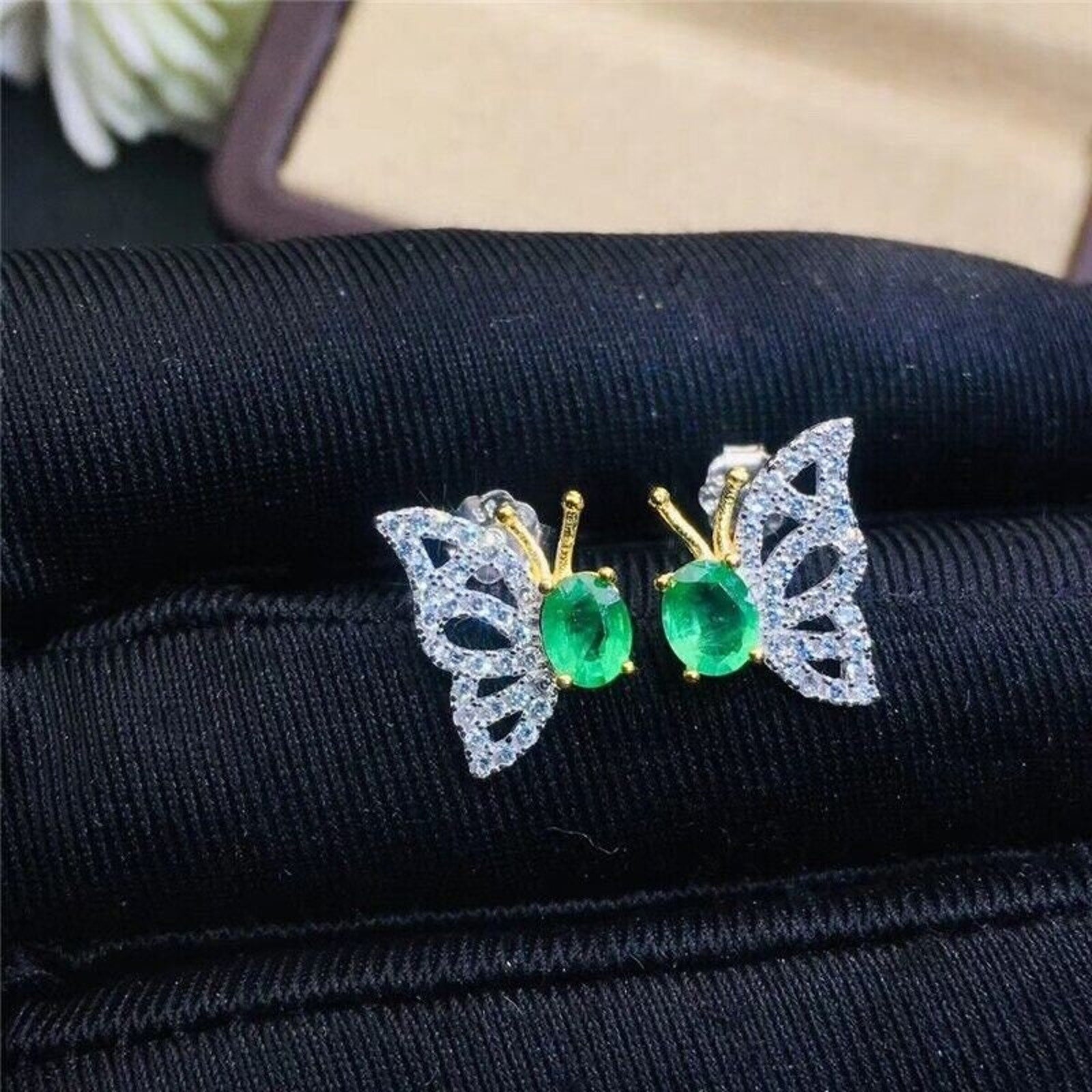 Colombian Emerald Butterfly Stud Earrings 4x5mm Natural Oval Cut Emerald with CZ
