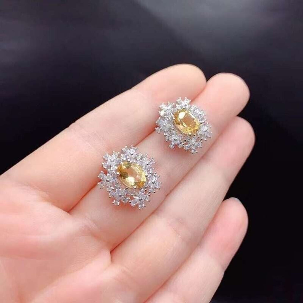 Natural Citrine Stud Earrings, Citrine Flower Cubic Zirconia Stud Earrings